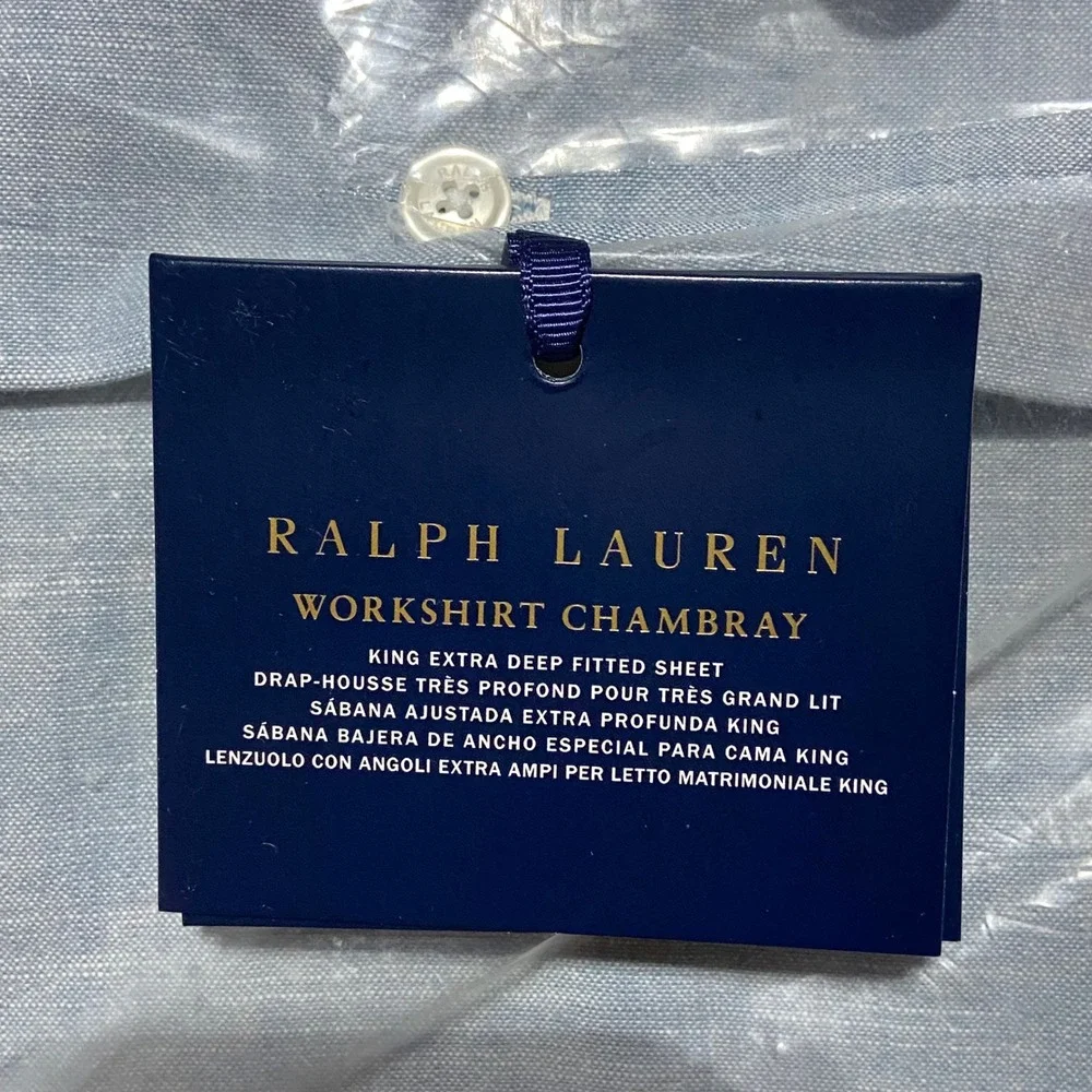 Ralph Lauren Workshirt Chambray King Flat & Extra Deep Fitted Sheet Set Blue NEW